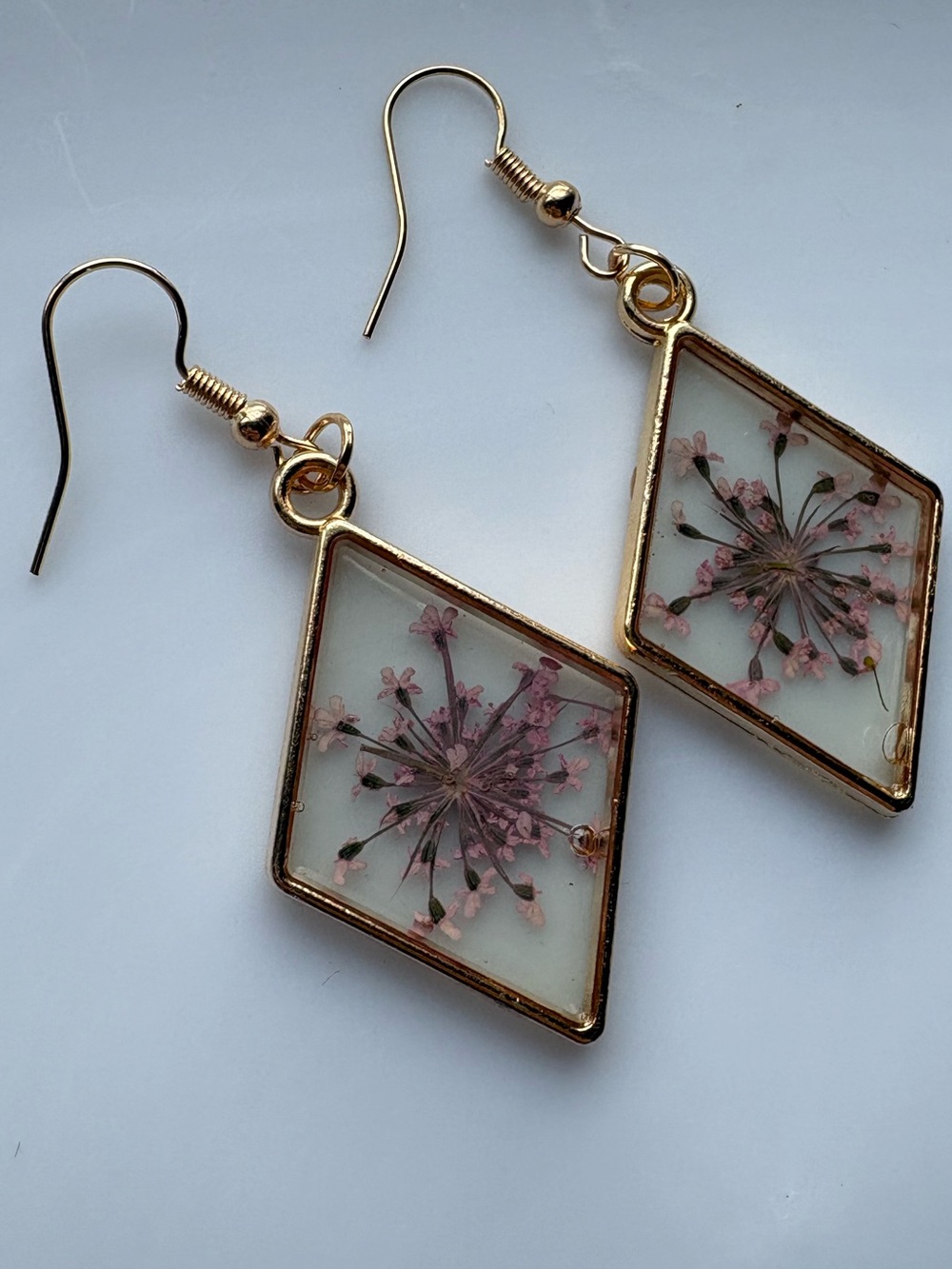 Gold Frame Resin Dangle Earrings with Pink Floral Inlay